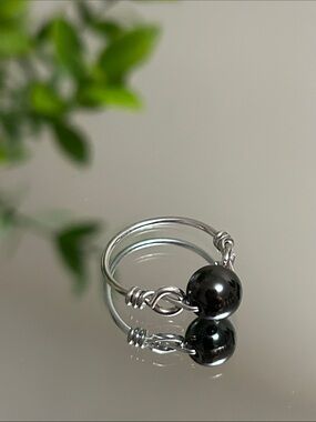 Silver Wire-Wrapped Ring with Black Hematite Bead